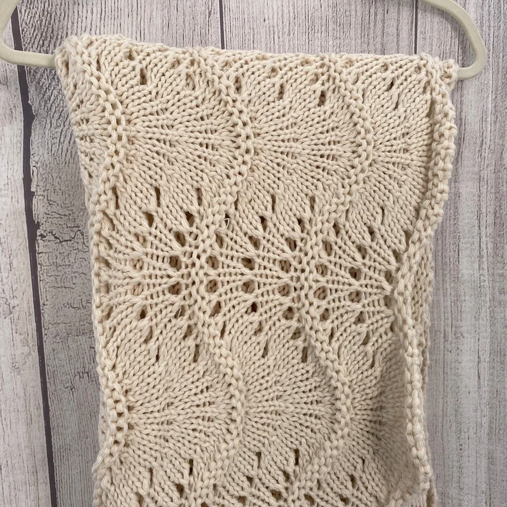 Shabby Chic Throw Blanket Cream Pointelle Fan Chunky Knit Scalloped Edge Country